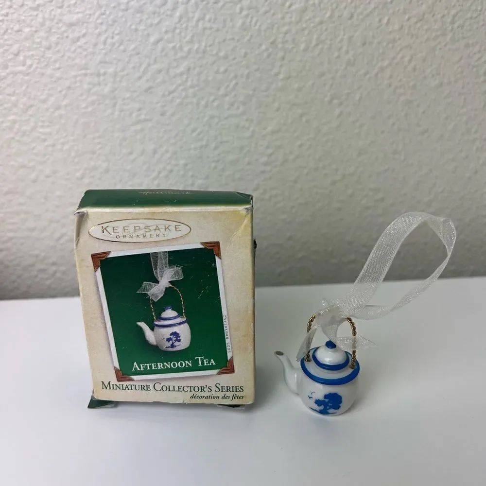 Afternoon Tea`2005`Miniature-White W/Flower Porcelain Teapot,Hallmark Ornament